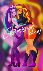 Size: 3000x5000 | Tagged: safe, artist:afyillustration, derpibooru import, aria blaze, sunset shimmer, siren, equestria girls, blushing, boots, clothes, commission, female, high heel boots, hug, hug from behind, image, jacket, jeans, kissy face, leather jacket, lesbian, obtrusive watermark, pants, pigtails, png, shipping, shoes, skirt, sleeveless, sunblaze, twintails, watermark