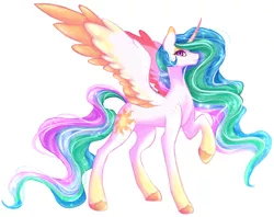 Size: 4902x3888 | Tagged: safe, artist:damayantiarts, derpibooru import, princess celestia, alicorn, colored wings, ethereal mane, ethereal tail, freckles, gradient hooves, gradient wings, image, png, solo, unshorn fetlocks, wings