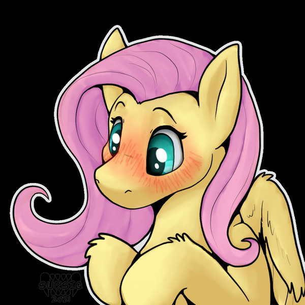 Size: 1000x1000 | Tagged: safe, artist:sursiq, derpibooru import, fluttershy, pegasus, pony, big eyes, black background, blue eyes, blushing, bust, female, hooves, image, pink hair, pink mane, png, raised hoof, shading, simple background, solo, watermark, white outline, wings