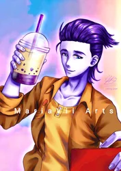 Size: 1240x1754 | Tagged: safe, alternate version, artist:mavii_arts7, derpibooru import, dirk thistleweed, abstract background, bubble tea, clothes, image, jpeg, male, mobile phone, phone, selfie, signature, smartphone, smiling, solo