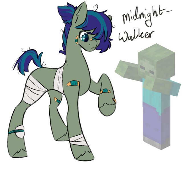 Size: 1457x1347 | Tagged: safe, artist:damayantiarts, derpibooru import, oc, oc:midnight-walker, ponified, earth pony, pony, undead, zombie, bandage, bandaged leg, bandaid, image, injured, messy mane, minecraft, png, solo