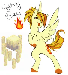 Size: 1486x1640 | Tagged: safe, artist:damayantiarts, derpibooru import, blaze, oc, oc:lightning blaze, ponified, pegasus, pony, fiery mane, fiery tail, hair over one eye, image, minecraft, png, solo, tongue out