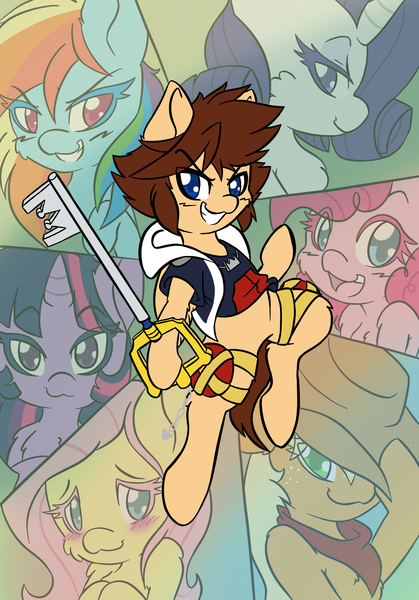 Size: 1668x2388 | Tagged: safe, alternate version, artist:steelsoul, derpibooru import, applejack, fluttershy, pinkie pie, rainbow dash, rarity, twilight sparkle, fanfic:kingdom hearts of harmony, crossover, fanfic art, image, keyblade, kingdom hearts, kingdom hearts of harmony, png, sora, video game