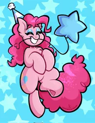 Size: 1592x2048 | Tagged: safe, artist:shyshyoctavia, derpibooru import, pinkie pie, earth pony, pony, balloon, bipedal, blue background, chest fluff, cute, diapinkes, ear fluff, female, hat, hooves to the chest, image, jpeg, mare, mouth hold, party hat, redraw, simple background, smiling, solo, stars