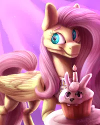 Size: 4000x5000 | Tagged: safe, artist:themessyfangirl, derpibooru import, angel bunny, fluttershy, pegasus, pony, robot, robot pony, animatronic, animatronic pony, cupcake, female, five nights at freddy's, flutterchica, food, image, mare, png