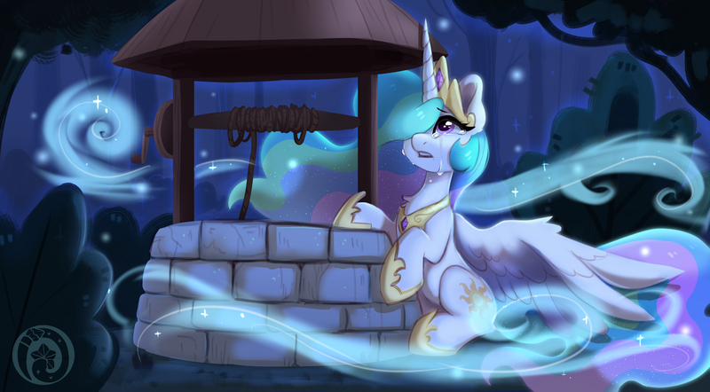 Size: 3558x1966 | Tagged: safe, artist:colorfulcolor233, derpibooru import, princess celestia, alicorn, pony, crying, female, image, jpeg, large wings, looking up, mare, sadlestia, sitting, solo, spread wings, well, wings