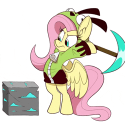 Size: 518x518 | Tagged: safe, artist:wutanimations, derpibooru import, fluttershy, pegasus, pony, animated, antonymph, bipedal, clothes, crack, diamond ore, diamond pickaxe, eyes closed, fluttgirshy, gif, gir, gritted teeth, hoodie, image, invader zim, minecraft, mining, pickaxe, simple background, solo, spread wings, two-frame gif, vylet pony, white background, wings, zipper