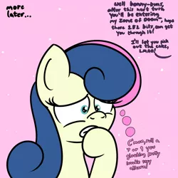 Size: 2000x2000 | Tagged: safe, artist:dafiltafish, derpibooru import, bon bon, sweetie drops, earth pony, pony, comic:day by day, dialogue, female, image, nervous, png, solo, thoughts