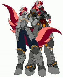Size: 3496x4330 | Tagged: safe, artist:kurogetsuouji, derpibooru import, oc, oc:beast, oc:oath breaker, unofficial characters only, anthro, alternate hairstyle, anthro oc, armor, armored pony, before and after, duo, duo male, fantasy class, image, jpeg, male, older, power armor, powered exoskeleton, scar, self paradox, two toned mane, two toned tail, warrior, younger