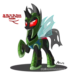 Size: 919x919 | Tagged: safe, artist:srmario, derpibooru import, oc, oc:reinflak, unofficial characters only, changeling, armor, changeling oc, hoof shoes, image, png, raised hoof, red eyes, simple background, solo, talking, transparent background