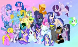 Size: 2000x1204 | Tagged: safe, artist:goldlines005, derpibooru import, oc, oc:hsu amity, unofficial characters only, alicorn, earth pony, pegasus, pony, abstract background, alicorn oc, base used, earth pony oc, female, glowing horn, heterochromia, horn, image, jpeg, male, mare, necktie, pegasus oc, raised hoof, smiling, stallion, wings