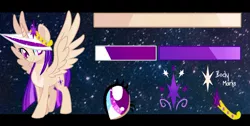 Size: 1003x505 | Tagged: safe, artist:goldlines005, derpibooru import, oc, unofficial characters only, alicorn, pony, alicorn oc, base used, eyelashes, female, horn, image, jewelry, jpeg, mare, offspring, parent:flash sentry, parent:twilight sparkle, parents:flashlight, reference sheet, smiling, stars, tiara, wings