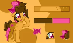 Size: 2000x1176 | Tagged: safe, artist:goldlines005, derpibooru import, oc, unofficial characters only, earth pony, pony, abstract background, base used, bow, earth pony oc, female, hair bow, image, jpeg, mare, offspring, parent:cheese sandwich, parent:pinkie pie, parents:cheesepie, raised hoof, reference sheet, solo