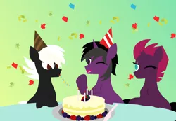 Size: 5838x4048 | Tagged: safe, artist:samsailz, derpibooru import, tempest shadow, oc, unicorn, birthday, cake, food, happy, image, noisemaker, party, png