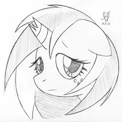 Size: 450x450 | Tagged: safe, artist:srmario, derpibooru import, oc, oc:doctiry, unofficial characters only, pony, unicorn, broken horn, eyelashes, female, grayscale, horn, image, mare, monochrome, png, sad, solo, traditional art, unicorn oc