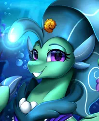Size: 1280x1562 | Tagged: safe, artist:pridark, derpibooru import, oc, oc:princess sealight, unofficial characters only, seapony (g4), beautiful, bioluminescent, blue background, blue mane, bubble, bust, commission, coral, crepuscular rays, cute, eyelashes, eye reflection, female, fins, fin wings, flowing mane, glow, image, jewelry, jpeg, lidded eyes, looking at you, necklace, ocean, pearl necklace, portrait, purple eyes, reflection, seashell, simple background, smiling, smiling at you, solo, sunlight, teeth, underwater, water, wings