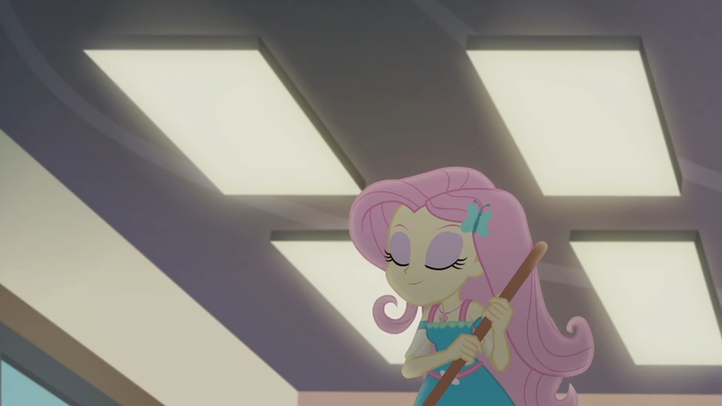 Size: 3410x1920 | Tagged: safe, derpibooru import, screencap, fluttershy, equestria girls, equestria girls series, so much more to me, broom, eyes closed, female, geode of fauna, hairpin, image, jewelry, jpeg, magical geodes, necklace, smiling, solo