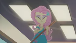 Size: 3410x1920 | Tagged: safe, derpibooru import, screencap, fluttershy, equestria girls, equestria girls series, so much more to me, broom, eyes closed, female, geode of fauna, hairpin, image, jewelry, jpeg, magical geodes, necklace, smiling, solo