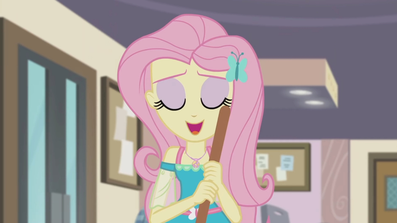 Size: 3410x1920 | Tagged: safe, derpibooru import, screencap, fluttershy, equestria girls, equestria girls series, so much more to me, broom, eyes closed, female, geode of fauna, hairpin, image, jewelry, jpeg, magical geodes, necklace, open mouth, smiling, solo