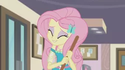 Size: 3410x1920 | Tagged: safe, derpibooru import, screencap, fluttershy, equestria girls, equestria girls series, so much more to me, broom, eyes closed, female, geode of fauna, hairpin, image, jewelry, jpeg, magical geodes, necklace, smiling, solo