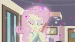 Size: 3410x1920 | Tagged: safe, derpibooru import, screencap, fluttershy, equestria girls, equestria girls series, so much more to me, broom, eyes closed, female, geode of fauna, image, jewelry, jpeg, magical geodes, necklace, smiling, solo