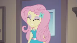 Size: 3410x1920 | Tagged: safe, derpibooru import, screencap, fluttershy, equestria girls, equestria girls series, so much more to me, eyes closed, female, geode of fauna, image, jewelry, jpeg, magical geodes, necklace, smiling, solo