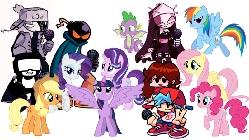 Size: 1280x720 | Tagged: safe, artist:fxmaf, derpibooru import, applejack, fluttershy, pinkie pie, rainbow dash, rarity, spike, starlight glimmer, twilight sparkle, twilight sparkle (alicorn), oc, oc:ruv, oc:sarvente, oc:whitty, alicorn, dragon, earth pony, human, pegasus, pony, unicorn, bomb, boyfriend (friday night funkin), cap, cowboy hat, crossover, cyrillic, female, flying, friday night funkin', girlfriend (friday night funkin), hat, horn, image, looking at each other, male, mane six, microphone, non-mlp oc, nun, png, russian, ruv, sarvente, simple background, soldier, spread wings, tankman (friday night funkin), transparent background, weapon, winged spike, wings