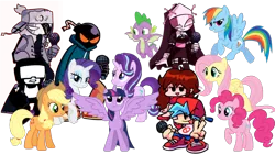 Size: 1280x720 | Tagged: safe, artist:fxmaf, derpibooru import, applejack, fluttershy, pinkie pie, rainbow dash, rarity, spike, starlight glimmer, twilight sparkle, twilight sparkle (alicorn), oc, oc:ruv, oc:sarvente, oc:whitty, alicorn, dragon, earth pony, human, pegasus, pony, unicorn, bomb, boyfriend (friday night funkin), cap, cowboy hat, crossover, cyrillic, female, flying, friday night funkin', girlfriend (friday night funkin), hat, horn, image, looking at each other, male, mane six, microphone, non-mlp oc, nun, png, russian, ruv, sarvente, simple background, soldier, spread wings, tankman (friday night funkin), transparent background, weapon, winged spike, wings