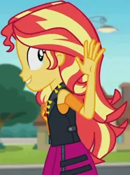 Size: 1920x2577 | Tagged: safe, derpibooru import, screencap, sunset shimmer, equestria girls, equestria girls series, so much more to me, clothes, cropped, cutie mark, cutie mark on clothes, female, geode of empathy, image, jacket, jewelry, jpeg, leather, leather jacket, magical geodes, necklace, smiling, solo