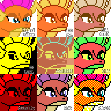 Size: 384x384 | Tagged: safe, artist:derek the metagamer, derpibooru import, smolder, dragon, aseprite, atari 2600, cga, dithering, image, microsoft, msx, nintendo entertainment system, palette swap, pixel art, png, recolor, solo, virtual boy, windows, windows 95, zx spectrum