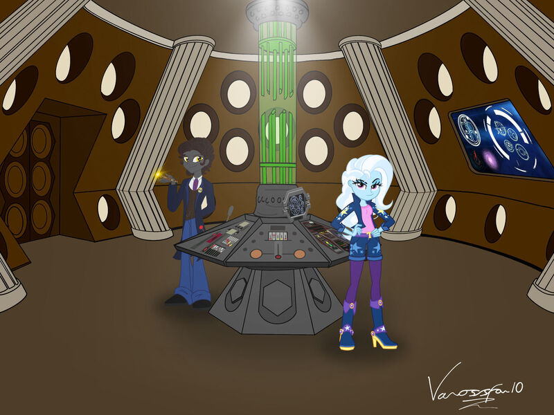 Size: 1280x960 | Tagged: safe, artist:vanossfan10, derpibooru import, doctor whooves, time turner, trixie, human, equestria girls, doctor who, doctor whooves the great, humanized, image, jpeg, sonic screwdriver, tardis, tardis console room, tardis control room