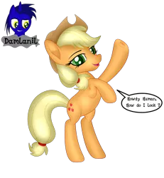 Size: 3840x4154 | Tagged: safe, alternate version, artist:damlanil, derpibooru import, applejack, earth pony, pony, applejack's hat, comic, cowboy hat, cute, female, frog (hoof), happy, hat, image, jackabetes, looking at you, mare, open mouth, png, raised hoof, shine, shiny mane, simple background, smiling, solo, speech bubble, talking to viewer, text, transparent background, underhoof, vector