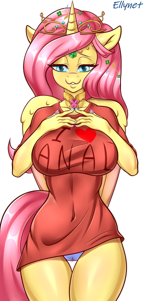 Size: 2500x5200 | Tagged: questionable, artist:ellynet, derpibooru import, oc, oc:princess fluttershy, alicorn, anthro, alicorn oc, alternate character design, alternate hairstyle, alternate universe, bedroom eyes, big breasts, breasts, canada, clothes, commission, element of kindness, horn, image, inviting you, jewelry, looking at you, multicolored nails, panties, png, smiling, smiling at you, solo, story included, sweater, tiara, two toned wings, underwear, vaginal secretions, wet panties, wings, ych result