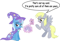 Size: 1644x1127 | Tagged: safe, artist:cinder vel, derpibooru import, derpy hooves, trixie, twilight sparkle, card, image, magic trick, png, simple background, transparent background