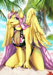 Size: 2009x2800 | Tagged: suggestive, artist:dorothea322, derpibooru import, fluttershy, oc, oc:princess fluttershy, alicorn, anthro, starfish, alicorn oc, alicornified, alternate character design, alternate hairstyle, alternate universe, beach, big breasts, bikini babe, breasts, busty fluttershy, cleavage, clothes, commission, element of kindness, female, high res, horn, image, jewelry, kneeling, necklace, ocean, palm tree, png, race swap, sand, sexy, smiling, solo, solo female, story included, swimsuit, tiara, tree, two toned wings, water, wings, ych result