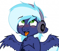 Size: 554x484 | Tagged: artist needed, source needed, suggestive, derpibooru import, oc, oc:moonlight drop, unofficial characters only, pegasus, ahegao, animated, dripping, gif, headphones, image, open mouth, simple background, spread wings, tongue out, white background, wings