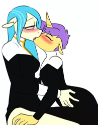 Size: 645x825 | Tagged: suggestive, artist:redxbacon, derpibooru import, oc, oc:gilded sorrow, oc:radiant hex, anthro, earth pony, unicorn, blind, image, kissing, making out, nun, png