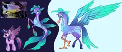 Size: 4544x1926 | Tagged: safe, artist:angela an, derpibooru import, twilight sparkle, twilight sparkle (alicorn), alicorn, fish, hippogriff, pony, seapony (g4), my little pony: the movie, beak, blue eyes, claws, concept art, feather, female, fin wings, fins, fish tail, horn, image, jpeg, looking at you, mare, purple eyes, smiling, spread wings, tail, wings