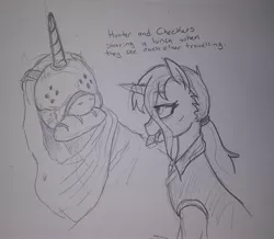 Size: 2048x1785 | Tagged: safe, artist:redxbacon, derpibooru import, oc, oc:checkers, oc:hunter, pony, unicorn, bread, bridle, food, image, jpeg, mask, scar, tack, traditional art