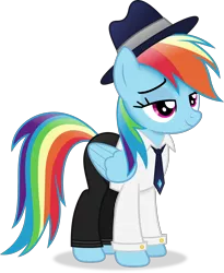 Size: 3936x4799 | Tagged: safe, artist:anime-equestria, derpibooru import, rainbow dash, pegasus, pony, clothes, fedora, female, hat, image, lidded eyes, mare, necktie, png, simple background, smiling, solo, suit, transparent background, vector, wings