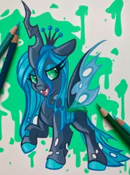 Size: 2661x3563 | Tagged: safe, artist:breloomsgarden, artist:emberslament, derpibooru import, queen chrysalis, changeling, collaboration, colored pencil drawing, colored pencils, crown, fangs, female, high res, image, jewelry, open mouth, photo, png, regalia, simple background, solo, traditional art
