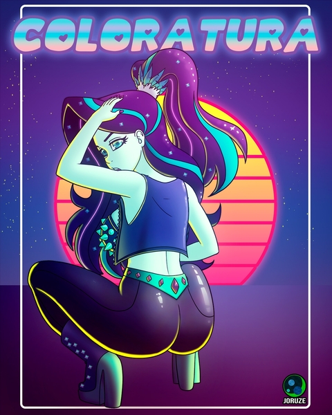 Size: 1200x1500 | Tagged: suggestive, alternate version, artist:joizer, derpibooru import, coloratura, equestria girls, alternate hairstyle, alternate versions at source, arm behind head, ass, bare shoulders, boots, bra, breasts, busty coloratura, butt, clothes, coloratur-ass, high heel boots, high heels, image, jpeg, looking at you, looking back, looking back at you, looking over shoulder, neon, open mouth, pants, pinup, poster, pvc, rearboob, sexy, shoes, squatting, studded belt, stupid sexy coloratura, sunset, synthwave, tight clothing, underwear, vest