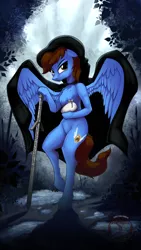 Size: 864x1536 | Tagged: safe, artist:calena, derpibooru import, oc, unofficial characters only, pegasus, pony, semi-anthro, cape, clothes, image, png, solo, swamp, sword, weapon