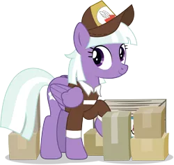 Size: 7934x7518 | Tagged: safe, artist:thatusualguy06, derpibooru import, appointed rounds, pegasus, pony, absurd resolution, background pony, box, clothes, female, image, mailmare uniform, mare, package, png, raised hoof, simple background, smiling, solo, transparent background, uniform, vector