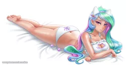 Size: 1400x715 | Tagged: suggestive, artist:racoonsan, derpibooru import, princess celestia, human, barefoot, bedroom eyes, boob window, breasts, busty princess celestia, butt, buttcrack, cat lingerie, cleavage, clothes, feet, female, humanized, image, jpeg, large butt, lingerie, looking at you, lying down, prone, side knot underwear, simple background, smiling, solo, solo female, sunbutt, underwear, white background