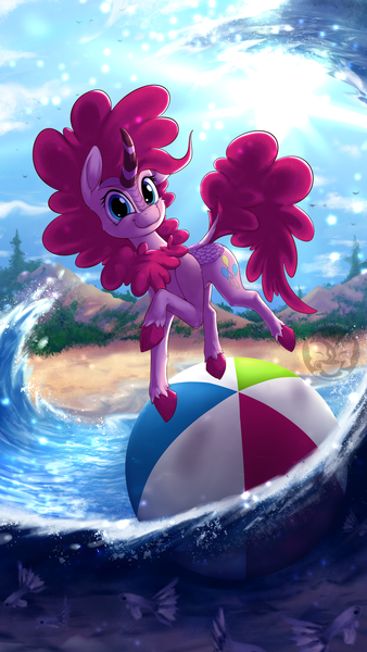 Size: 864x1536 | Tagged: safe, artist:calena, derpibooru import, pinkie pie, fish, kirin, beach ball, commission, image, kirin pinkie, kirinified, looking at you, png, solo, species swap, sun, water, watermark