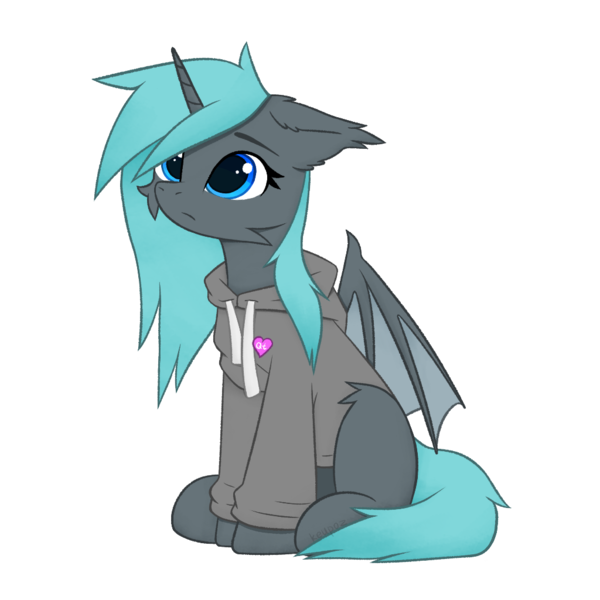 Size: 1024x1024 | Tagged: safe, artist:keupoz, derpibooru import, oc, oc:emerald marine, unofficial characters only, alicorn, bat pony, bat pony alicorn, bat wings, clothes, commission, hoodie, horn, image, png, simple background, sitting, transparent background, wings