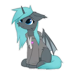 Size: 1024x1024 | Tagged: safe, artist:keupoz, derpibooru import, oc, oc:emerald marine, unofficial characters only, alicorn, bat pony, bat pony alicorn, bat wings, clothes, commission, hoodie, horn, image, png, simple background, sitting, transparent background, wings
