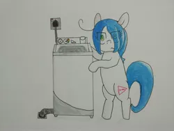 Size: 4000x3000 | Tagged: safe, artist:cherro, derpibooru import, oc, oc:mal, unofficial characters only, pony, bipedal, image, jpeg, solo, traditional art, washing machine