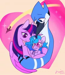 Size: 1606x1859 | Tagged: safe, artist:creeate97, derpibooru import, izzy moonbow, twilight sparkle, twilight sparkle (alicorn), alicorn, bird, blue jay, pony, unicorn, crossover, crossover offspring, crossover shipping, female, g5, heart, hug, image, jpeg, male, mare, mordecai, mordetwi, plane, regular show, shipping, straight